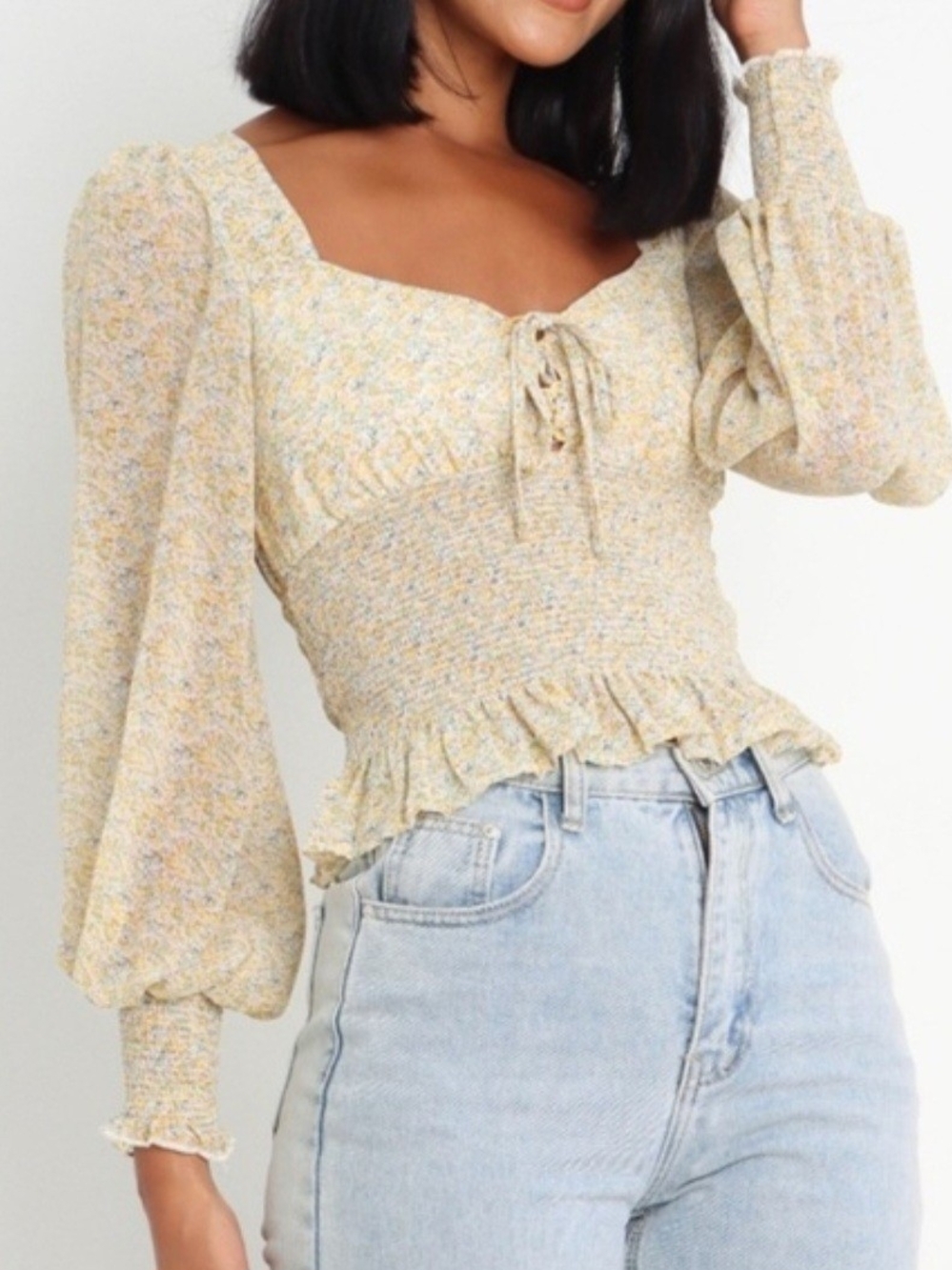 Petal & Pup Pale Yellow Floral Smocked Peplum Blouse
